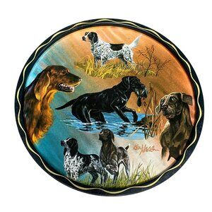 Vintage Ken Haag Dog-Themed Decorative Metal Tin with Hunting Dogs Illustration